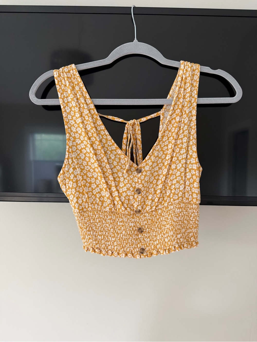 American Eagle Outfitters Mustard Yellow Floral Button-Front Crop Top